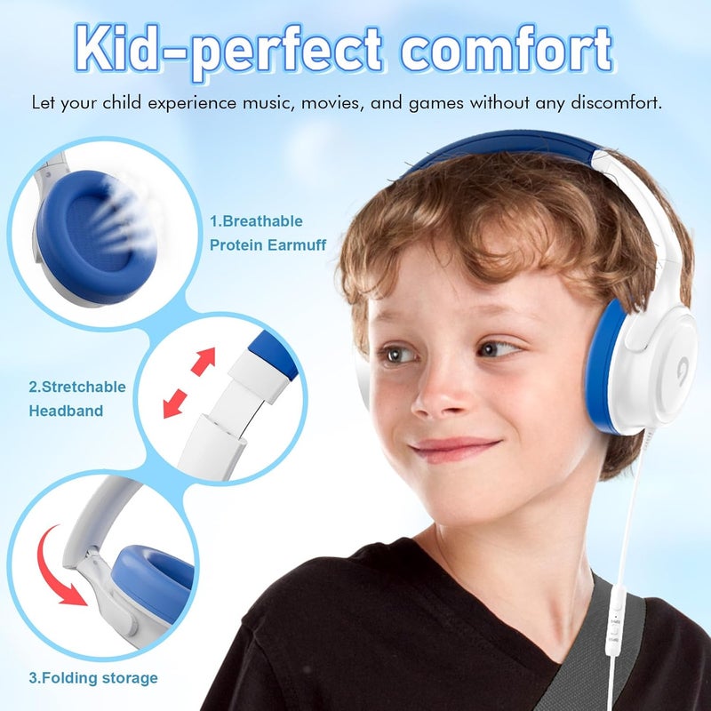 ADOOPE Kids Headphones with Cord-3.5mm Jack 85/94dB Safe Volume Control Built-in Microphone On-Ear Headphones for Kids/Teens/School/Travel/3.5mm Devices(White) - Image 3